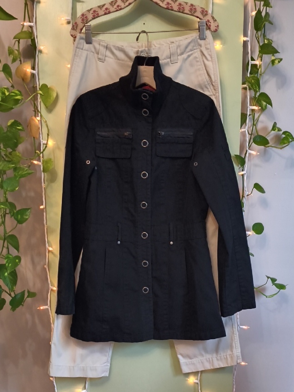 Women's Coffee Shop Red Mid Length Black Snap Button Mockneck Coat S - Picture 16 of 17